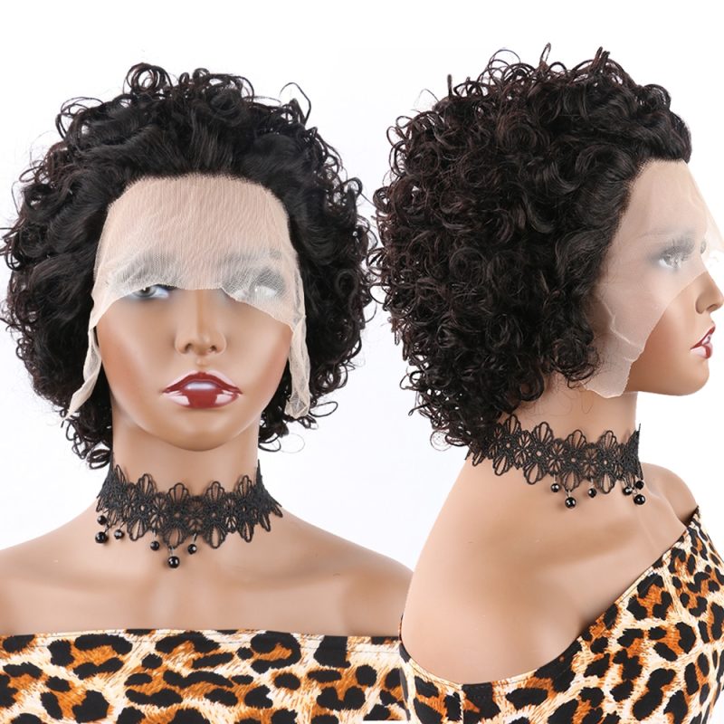 #1B Natural Color Human Hair Curly Wig T Part Pixie Cut Wigs - 图片 2